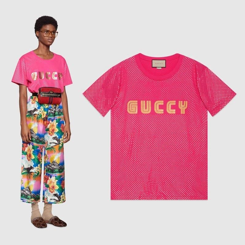 モノ Gucci グッチ Guccy プリント コットン Tシャツ ピンク トップスのことならgucciギャングがおすすめ 通販モーク